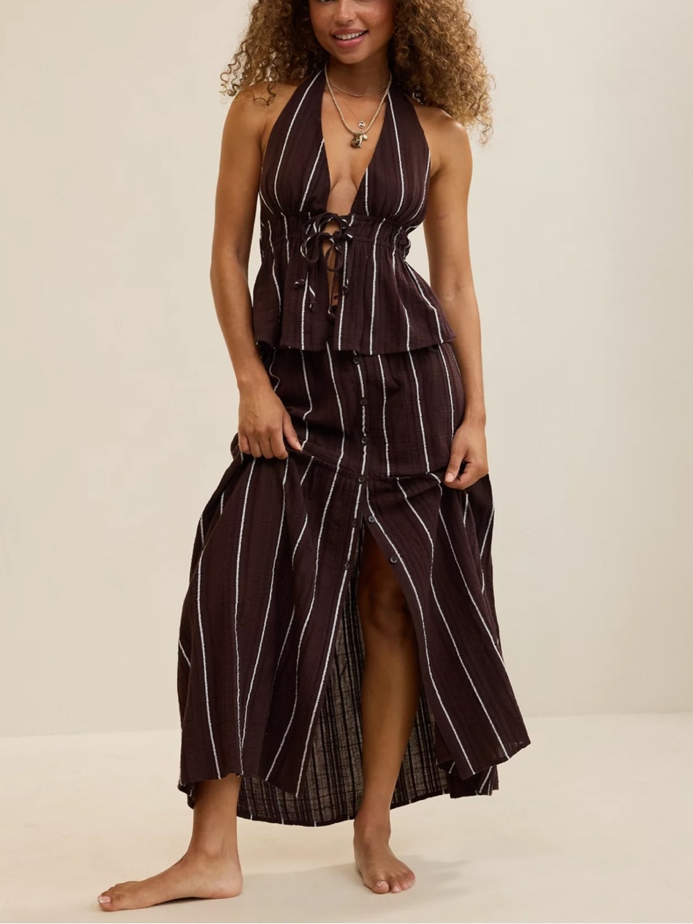Aerie Brown Pinstripe Halter Tie-Front Cami and Skirt Set